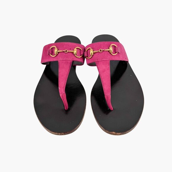 Gucci Horsebit T-Strap Flip Flop Thong Flat Sandal Pink Suede Size 38 US 8 Women - Picture 2 of 13